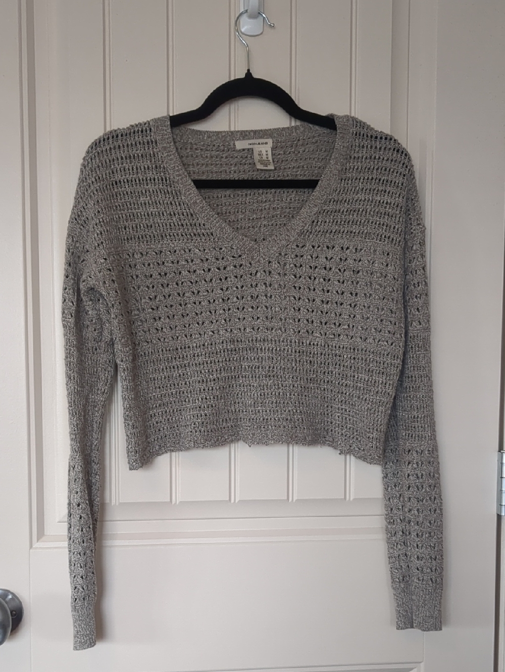 DKNY Gray Open-Knit V-Neck Cropped Sweater